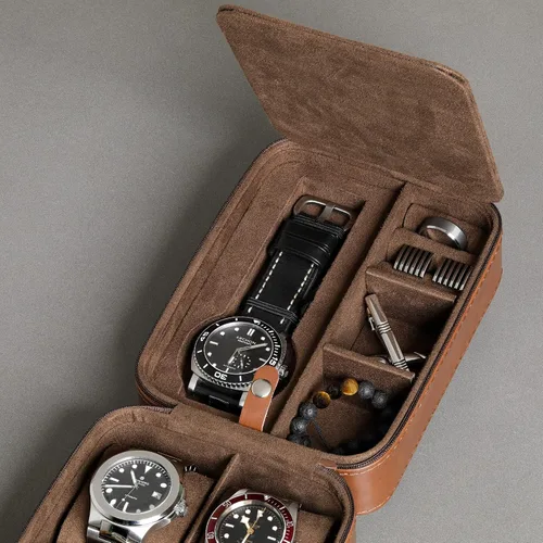 Vista 9 de Juego de regalo Caja de reloj de cuero con 12 ranuras con cajón de valet y funda de viaje para 5 relojes a juego, organizador de exhibición