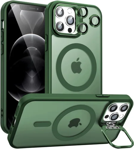 Vista 9 de Funda magnética para iPhone 11 con soporte, compatible con Magsafe, protección militar y protector de lente de cámara, funda translúcida mate