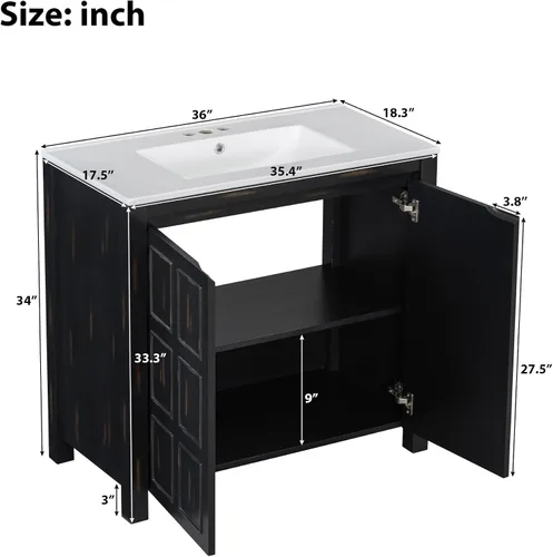 Vista 2 de LUMISOL Vanidad de baño de 36 pulgadas con fregadero de cerámica, armario de almacenamiento de baño de madera maciza con 2 puertas, tocador de baño