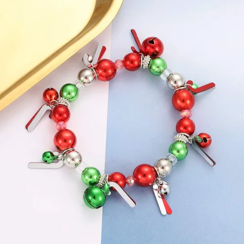 Vista 6 de 3pcs Christmas Jingle Bell Bracelets Xmas Multi Color Beaded Charm Stretch Bracelet Christmas Holiday Party Favors for Women Jewelry Gift