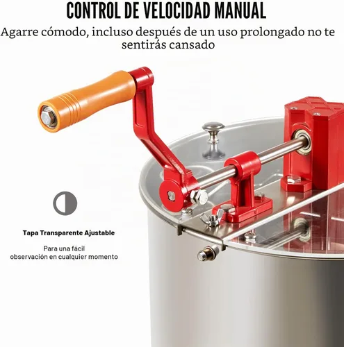 Vista 6 de VEVOR Extractor de Miel de 3 Marcos, Extracción Manual de Apicultura de Acero Inoxidable, Centrifugador de Tambor de Panal con Tapa Transparente