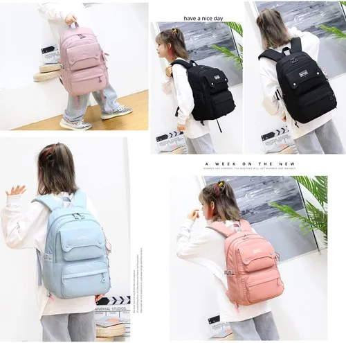 Vista 6 de Mochila casual para niños, color sólido, bolsa de escuela primaria y secundaria, bolsa de viaje para adolescentes, Rosado, Mochila de color sólido