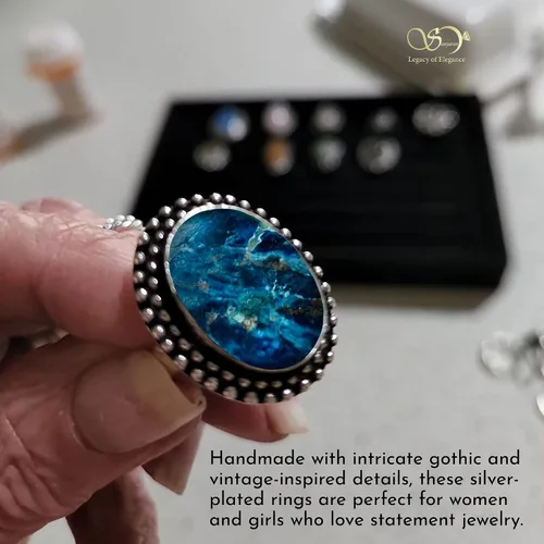 Vista 4 de Juego de 10 anillos apilables hechos a mano con piedras preciosas para mujer, chapados en plata, estilo bohemio, paquete de regalo de joyería gótica