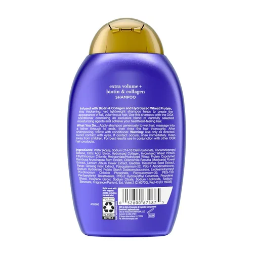 Vista 7 de OGX Champú voluminizador de colágeno extra fuerte con vitamina B7 y proteína de trigo hidrolizada para cabello fino. Tensioactivos sin sulfato