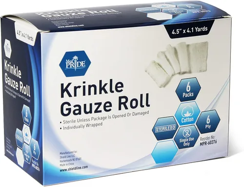 Vista 6 de MED PRIDE Rollos de gasa Krinkle estéril, 6 capas de algodón, 4.5 pulgadas x 4.1 yardas, paquete de 6