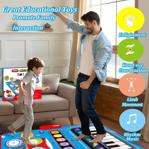 Vista 7 de Juguetes para niños de 1 año, alfombrillas musicales 2 en 1 para niños pequeños de 1 a 3 años, teclado de piano y alfombrilla de batería para niños