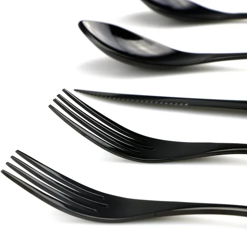 Vista 4 de Juego de cubiertos de acero inoxidable 18/10, cubiertos de cocina, juego de utensilios de cocina, cuchillo para carne, negro pulido espejo, juego