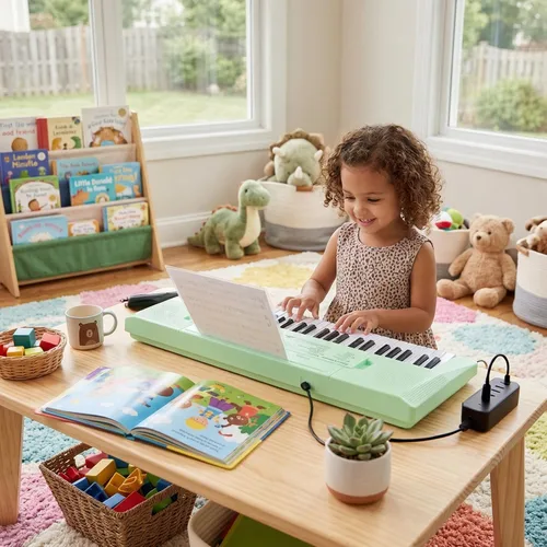 Vista 6 de Piano eléctrico de 37 teclas Teclado para principiantes con micrófono Carga USB de doble potencia o baterías verde