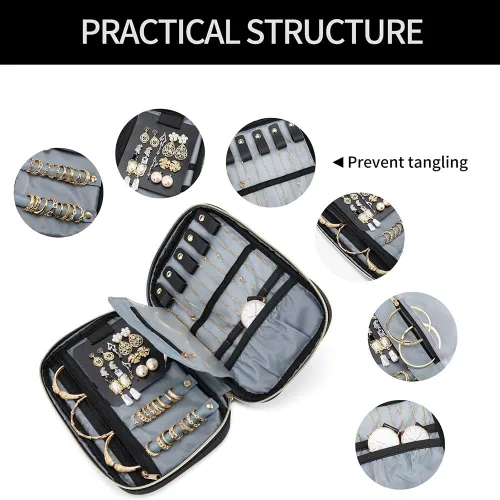 Vista 2 de TEABAN Estuche organizador de joyas de viaje portátil práctica bolsa de joyería Tavel, rollo de bolsa de joyería para collares, aretes, anillos