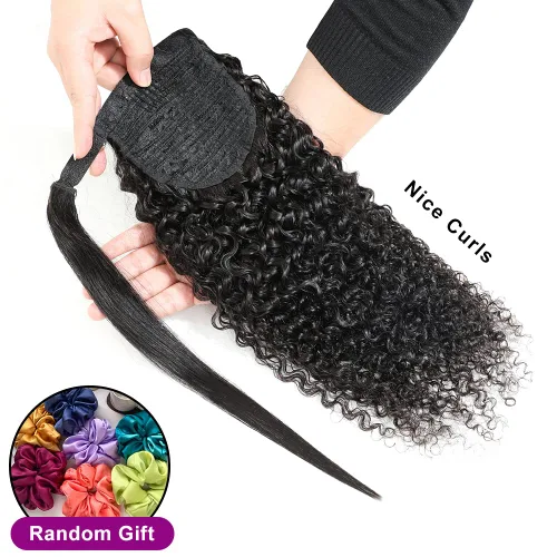 Vista 3 de Extensiones de cola de caballo con correa de cabello humano rizado, 100% cabello brasileño sin procesar, cola de caballo, pasta mágica con clip