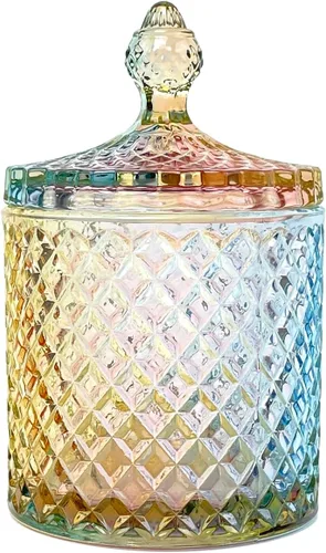 Vista 22 de Tarro de almacenamiento de caramelos de vidrio de cristal colorido con relieve, lujoso recipiente para buffet de galletas con tapas, caja