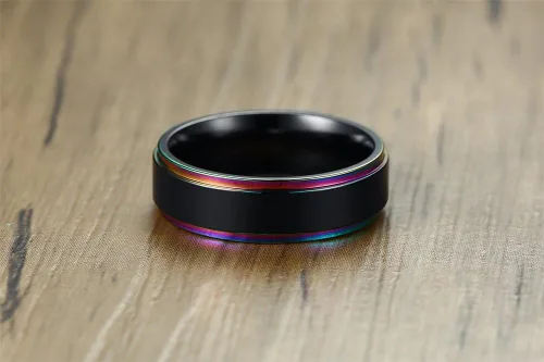 Vista 4 de MPRAINBOW Anillo de boda personalizado de acero inoxidable de 0.236in, anillo de arco iris grabado personalizado, anillo de compromiso de boda