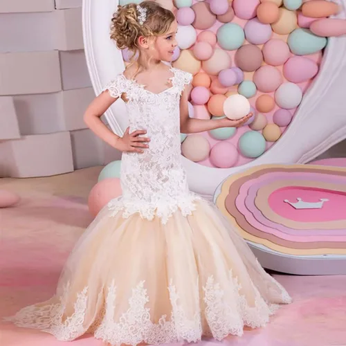 Vista 2 de Vestidos de sirena para niña de flores para boda, encaje blanco, tul champán, vestido de dama de honor con cola