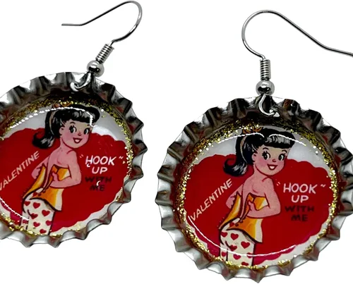 Vista 2 de Vintage Valentine, Let’s Hook Up, Bottle Cap Earrings, Retro Jewelry