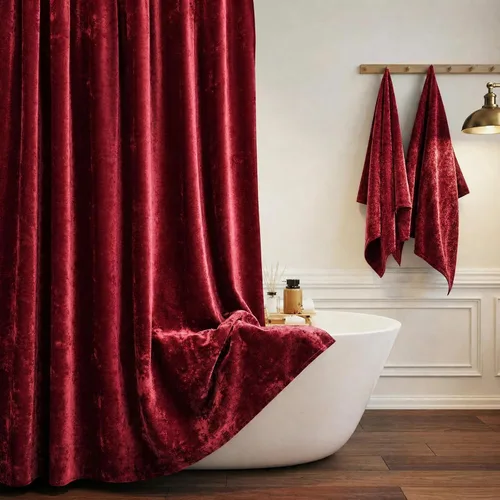 Vista 12 de TAMGHO Cortina de ducha negra para baño, lujosa cortina de ducha de terciopelo aplastado negro, juego de cortina de ducha oscura con ganchos