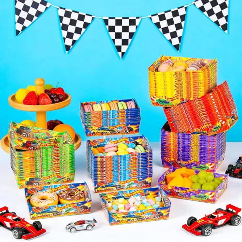 Vista 5 de 120 bandejas de papel con temática de carreras, bandeja desechable de aperitivos para autos de carreras, bandeja para servir comida a granel