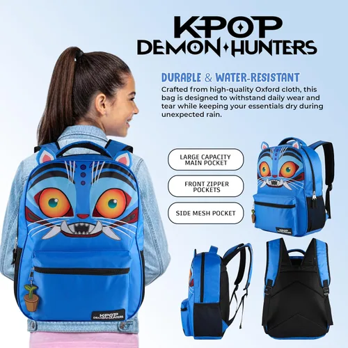 Vista 5 de AI ACCESSORY INNOVATIONS K-Pop Demon Hunters - Mochila de 16 pulgadas para niñas, con un Derby de cara grande con orejas 3D y bordado, dije de bolsa