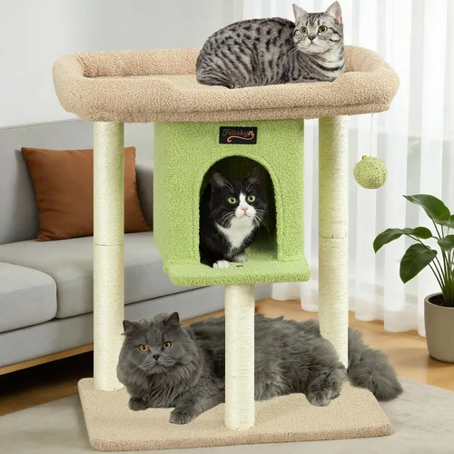 Vista 10 de Torre Rascador para Gatos Grandes de Interior, Árbol Pequeño para Gatos con Cama de Percha Grande, Casa de Árboles de 28 Pulgadas de Alto con Cueva
