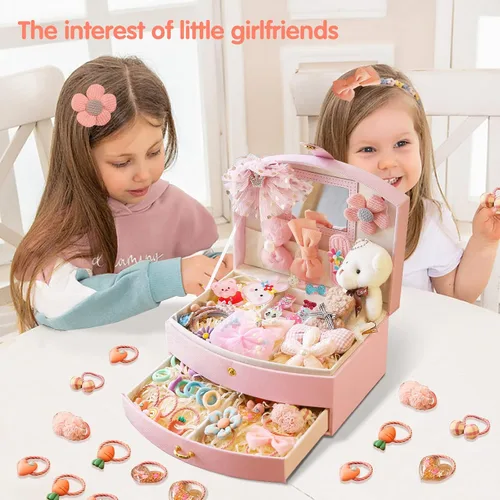 Vista 3 de Joyero para niña con espejo y 48 piezas de joyería de princesa para niña, juego de juguetes