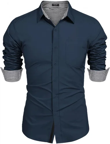 Vista 4 de COOFANDY Camisa de vestir de negocios para hombre, manga larga, ajuste regular, camisa de moda, de algodón, casual, con botones