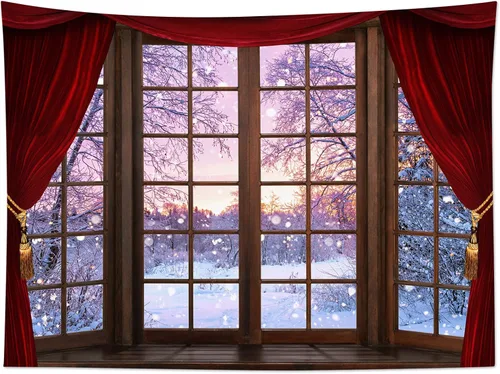 Vista 13 de HVEST Tapiz de bosque de invierno para colgar en la pared, montaña, nieve y pino, exterior, ventana de Navidad, arte de pared, tapiz de invierno