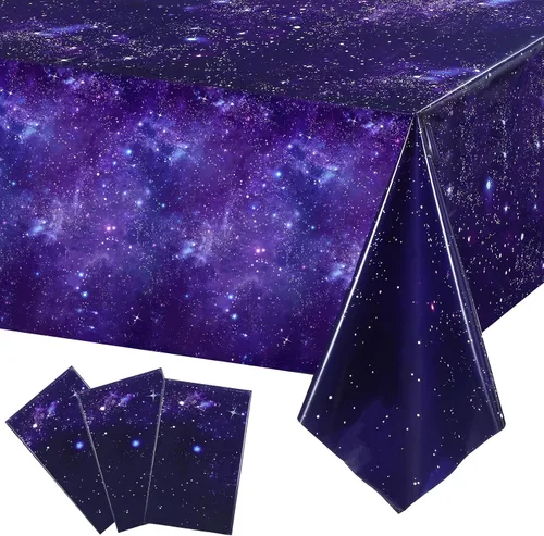 Vista 8 de Tatuo 1 paquete de mantel rectangular de plástico con galaxia, estrella espacial, nebulosa morada, desechable, cielo nocturno estrellado