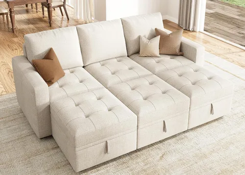 Vista 15 de HONBAY - Sofá seccional modular con cama desplegable, sofá convertible de lino en forma de L con asiento de almacenamiento, sofás seccionales