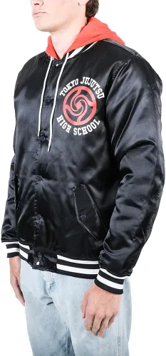 Vista 2 de Bioworld Jujutsu Kaisen TJHS Logo Men's Navy Hooded Satin Bomber Jacket