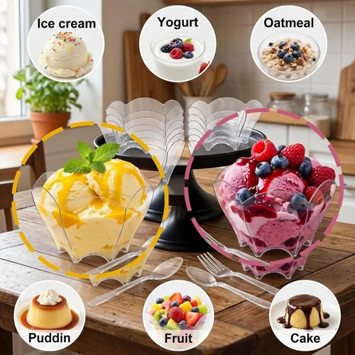 Vista 10 de Tebery Paquete de 100 mini tazas de postre Parfaits con 100 cucharas, cuenco pequeño transparente de 2.5 onzas para probar postres de fiesta