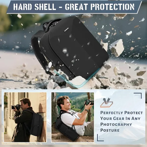 Vista 4 de RAINSMORE Mochila para cámara de carcasa dura para DSLR/SLR, bolsa impermeable para cámara con compartimento para laptop de 15.6 pulgadas, estuche