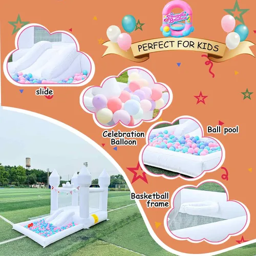 Vista 5 de Casa inflable saltarina blanca de 12.5 pies x 7.1 pies con tobogán y piscina de pelotas, juguetes para interiores y exteriores para niños activos