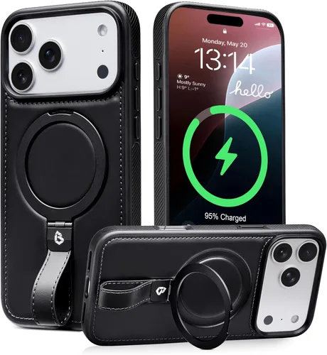 Vista 10 de Butaiga - Funda para iPhone 12 Pro Max con correa de cuero, soporte de anillo, color negro Finger Loop, Relieve Smartphone Pinky Strain