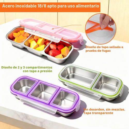 Vista 2 de Paquete de 4 recipientes de acero inoxidable con tapas, 3 compartimentos reutilizables para adultos, contenedores de almacenamiento de alimentos