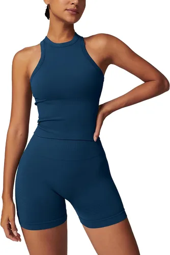 Vista 30 de Conjuntos de entrenamiento para mujer, 2 piezas, sin costuras, acanalada, sin mangas, brasier deportivo, cintura alta, pantalones cortos