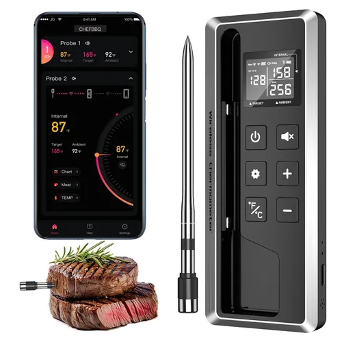 Vista 7 de Termómetro inalámbrico para carne con 2 sondas y rango de 800 pies – Termómetro inteligente Bluetooth para parrilla de barbacoa con base