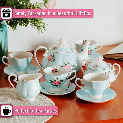 Vista 6 de BTaT - Juego de té floral para adultos, 13 piezas, servicio para 4, olla (38 onzas) y tazas (8 onzas) con platillos, diseño floral azul pastel