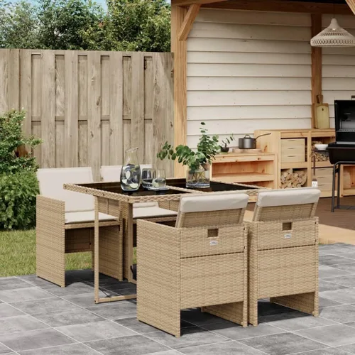 Vista 27 de Juego de comedor de patio de 5 piezas, muebles de exterior sintético de ratán beige, mesa rectangular con 4 sillas, resistente a la intemperie