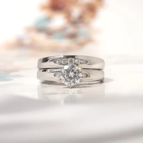 Vista 2 de Juego de anillos de boda solitarios de plata de ley con circonita blanca de 0.236 in (talla 5 a 10)