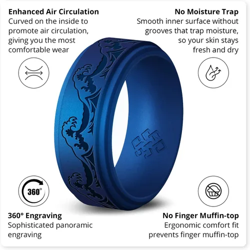 Vista 39 de Knot Theory Anillo de silicona para hombre, grabado de montaña, ondas, bosque, ancho de banda de 0.315 pulgadas, transpirable, ajuste cómodo