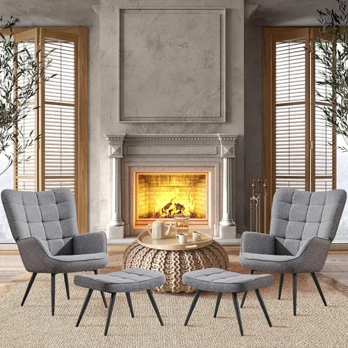 Vista 4 de Yaheetech Juego de 2 sillas decorativas con otomana, moderno sillón y reposapiés con respaldo alto y patas de metal, silla de salón y otomana