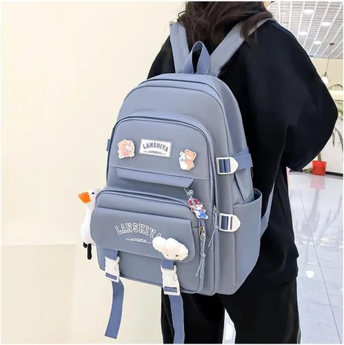 Vista 3 de Linda mochila con accesorios kawaii, juego de 5 bolsas estéticas impermeables, Azul, Casual