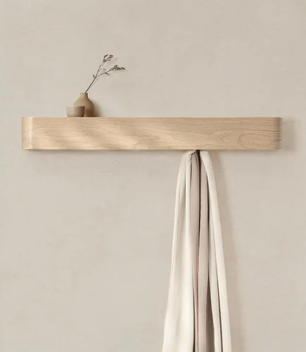 Vista 17 de Kazai. Perchero de pared 'Toke' - Perchero de diseño moderno con ganchos de pared ocultos - Perchero de panel de chapa de madera maciza - Roble