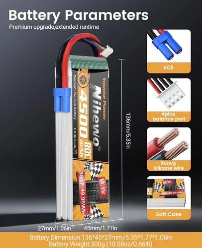 Vista 3 de 3S Lipo Batería EC5 11.1V 4500mAh 80C para RC Avión Coche Barco 2 Unids