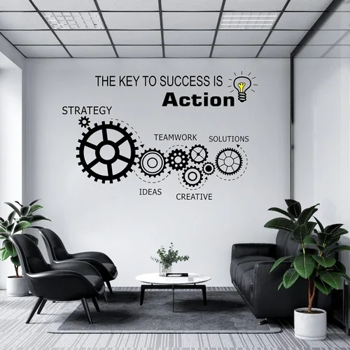 Vista 3 de Teamwork Gears - Calcomanía de vinilo para pared, decoración de espacio de oficina, calcomanías para interiores, mural The Key to Success is Action