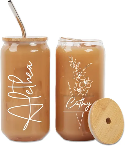 Vista 7 de Mostop Tazas de café helado personalizadas con tapas y pajitas, vidrio colorido, nombre personalizado y vaso de flor de nacimiento para ella, amiga