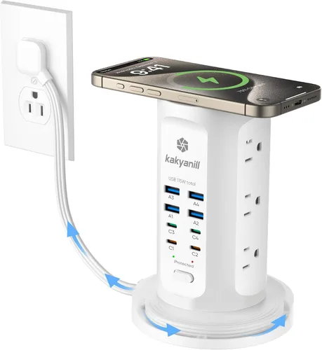 Vista 11 de Torre de Regleta de Alimentación, kakyanill Torre Protectora contra Sobretensiones 9 Tomas de CA 8 USB (4 USB C), Cable de Extensión Retráctil de 6