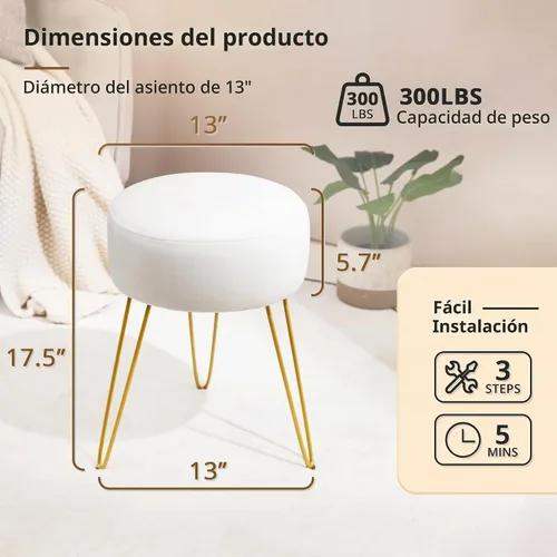 Vista 3 de LUE BONA Taburete de tocador, taburetes de tocador blancos para sala de maquillaje, taburete otomano redondo, reposapiés de terciopelo para tocador
