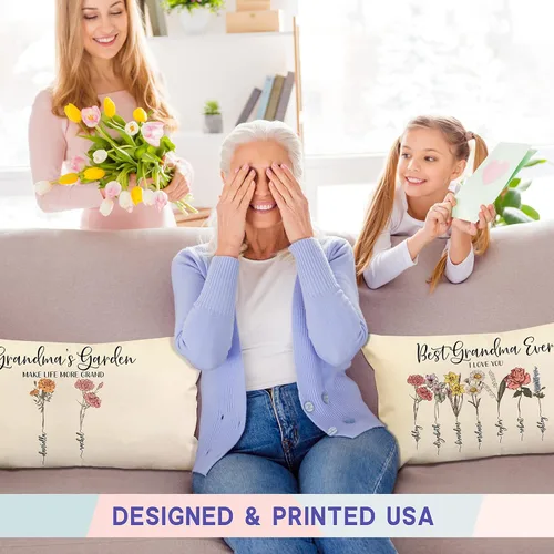 Vista 4 de Funda de almohada lumbar personalizada para el día de la madre Flores coloreadas jardín de la abuela