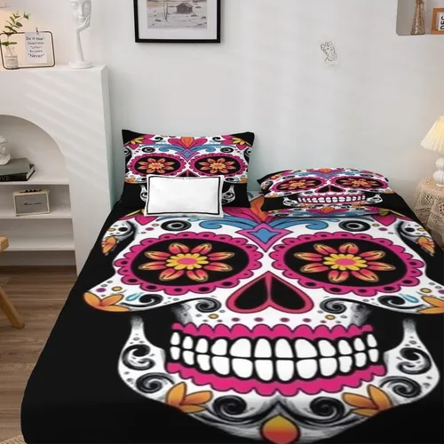 Vista 3 de Juego de sábanas de calavera de azúcar tamaño individual, sábanas de microfibra suave y bolsillo profundo y sábanas y fundas de almohada, 1 sábana