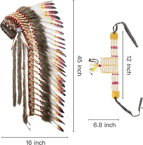 Vista 5 de Ballinger Tocado indio nativo americano tocado grande de plumas y gargantilla para decoración nativa americana carnaval fiesta de Halloween y juego